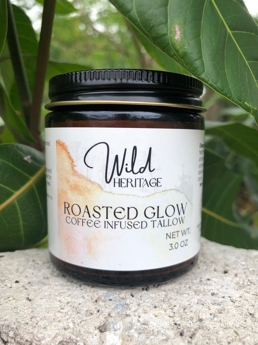 Roasted Glow Tallow Balm 2 oz infused with organic Colombian coffee for brightening and energizing skin